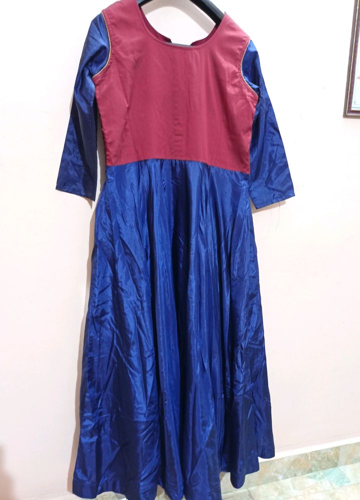 Soft Silk Maroon With Blue Long Maxi Dress