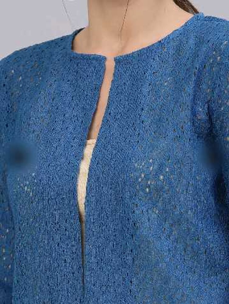 blue self design open fornt croup shrug as three q