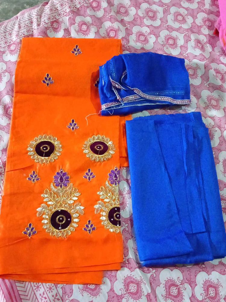 Orange &amp; Blue Embroidered Salwar Suit Material