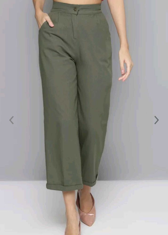 Women Olive Green Pure Cotton Straight Trouser