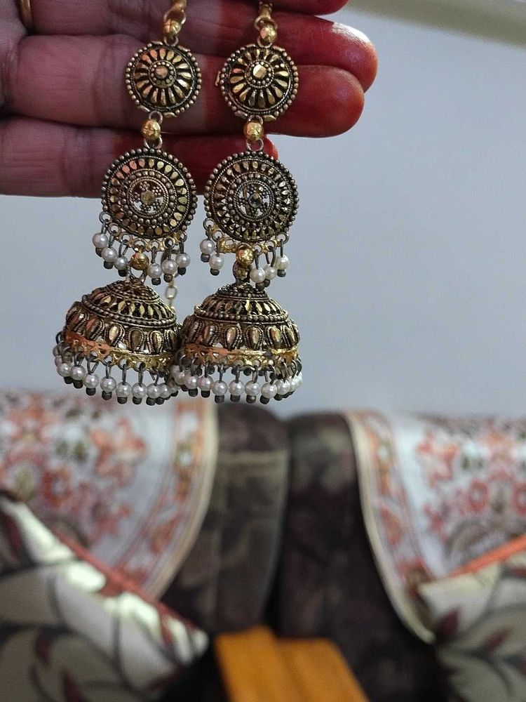 Gold Jhumka Earrings with Pearls