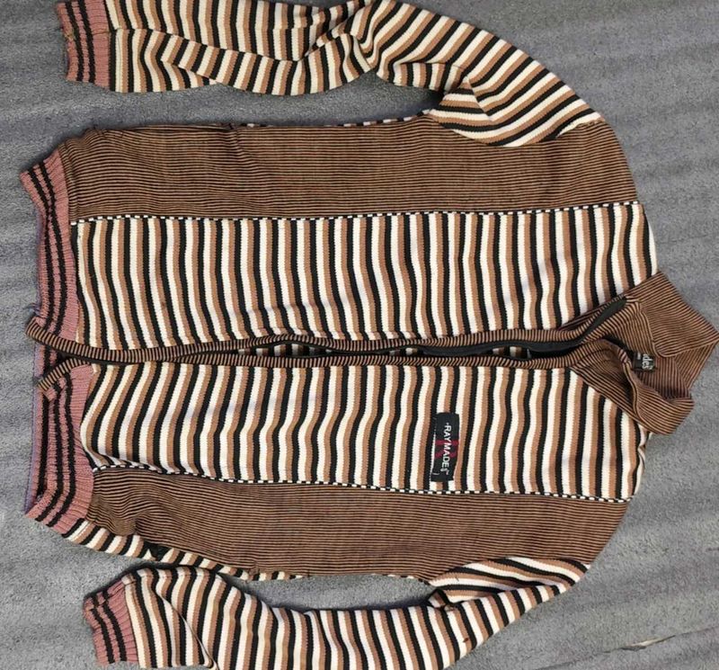 Striped Knit broken Zip-Up open front old sweater