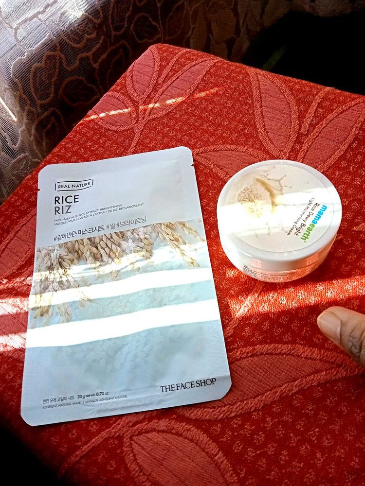the face shop mask and mama Earth rice water cream