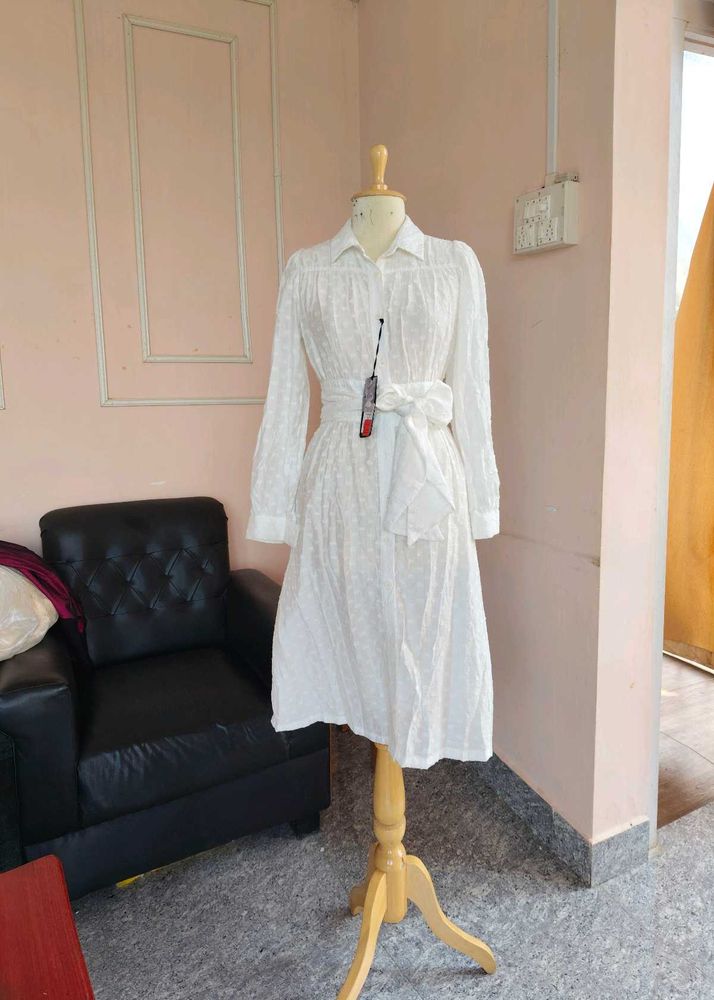 Beautiful And Elegant White Belted Shirtdress
