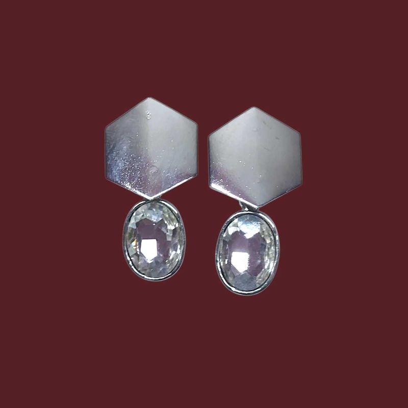 Silver Hexagon &amp; Crystal Drop Earrings