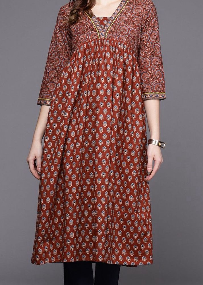 Rust Red Ethnic Printed A-Line Kurti