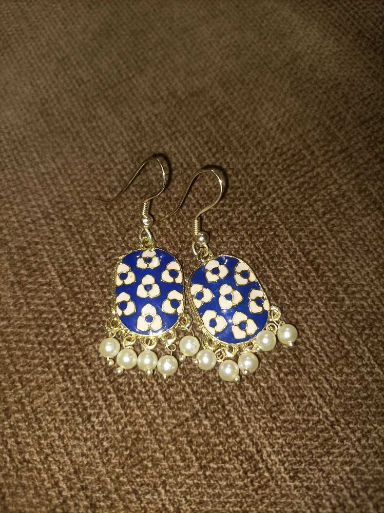 Blue Floral Pearl Drop Earrings