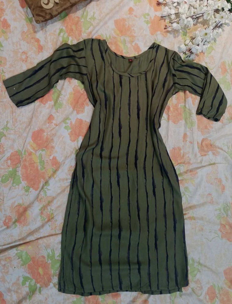 Unused Olive Green Striped Kurta, Size - L