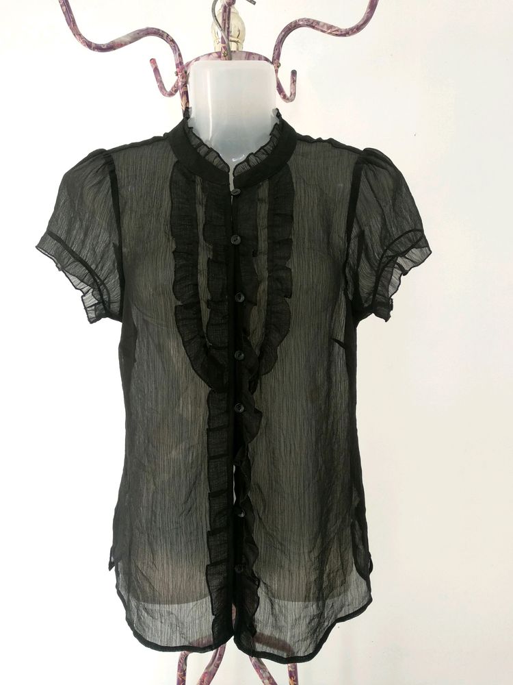 Black Semi Sheer Button Up Ruffle Top