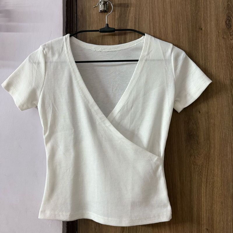 White Ribbed Wrap design Top