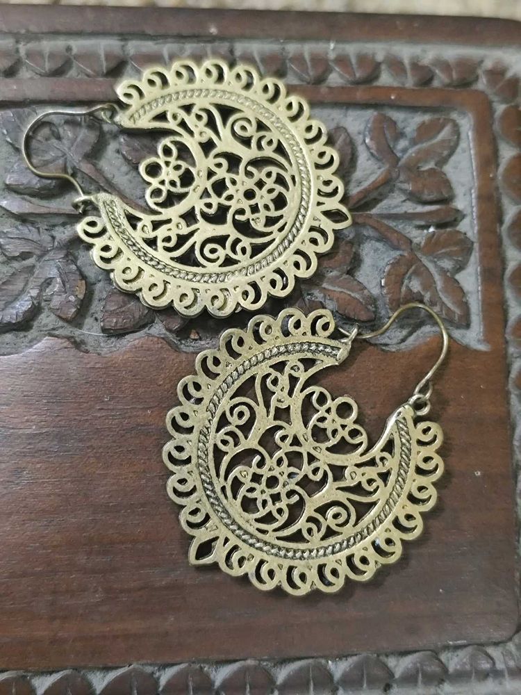 Pure Brass Crescent Filigree Hoops