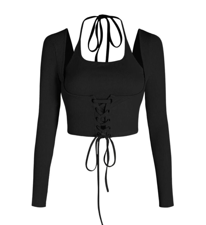 Black Lace-Up Halter Crop Top