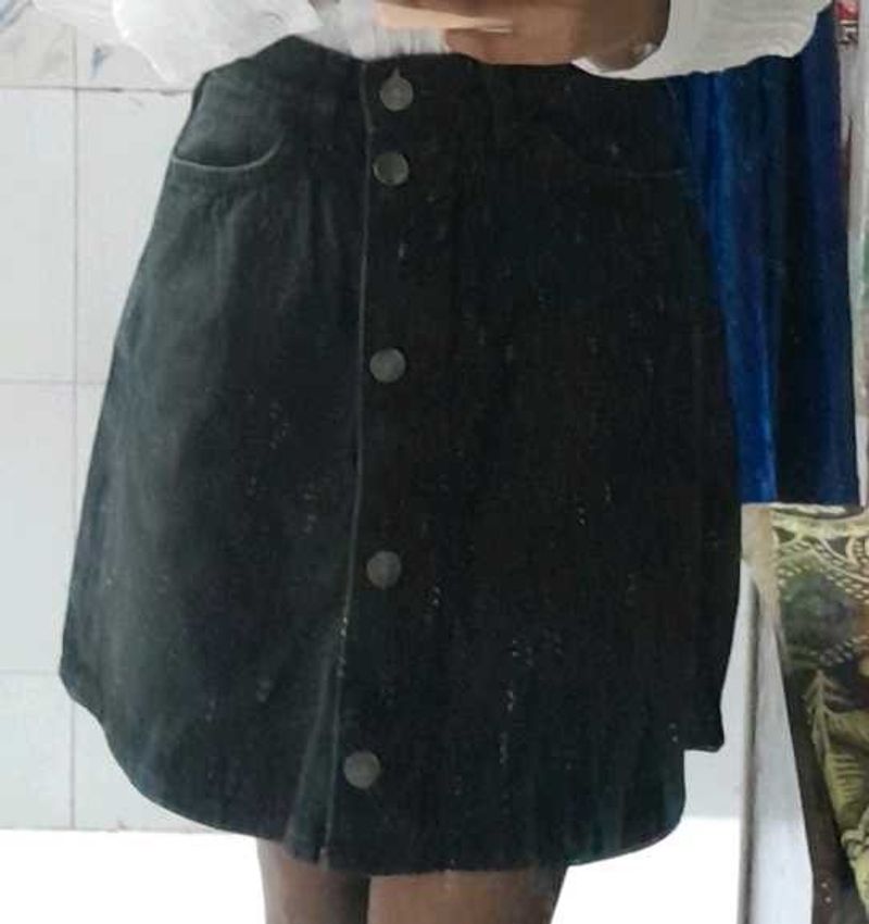 Black Button Front Denim Skirt