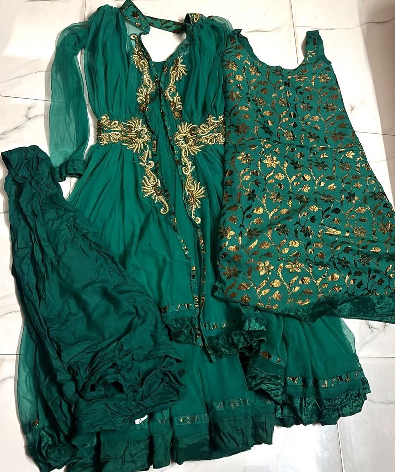 Emerald Green &amp; Gold Embroidered Anarkali Suit