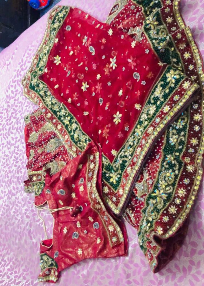 Cherry Red &amp; Green  Embroidered Lehnga With Dupatt