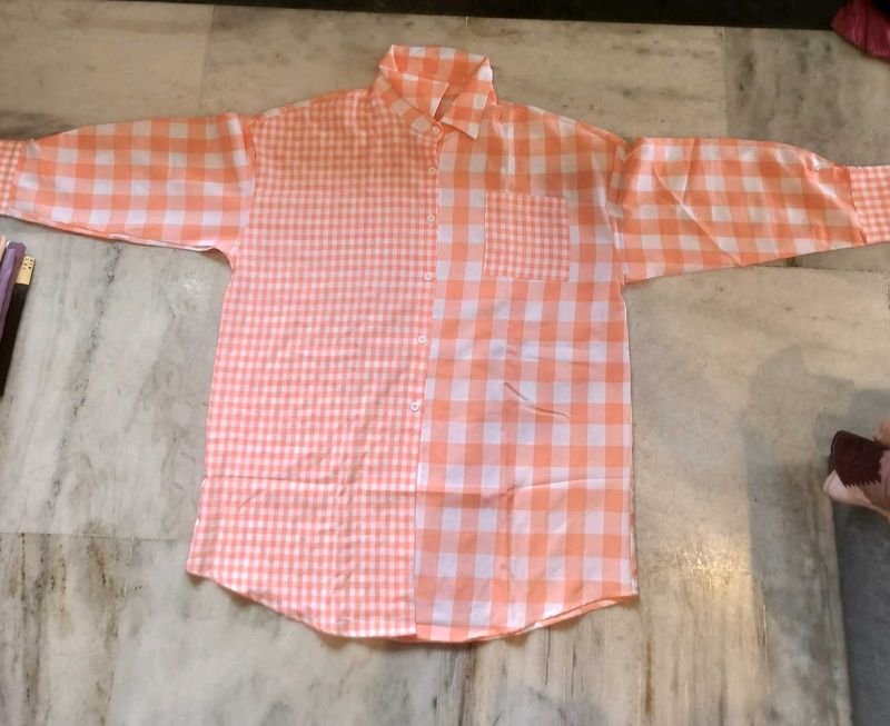 Peach Gingham Button-Down Shirt