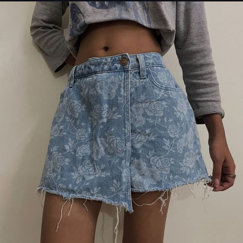 Floral Denim Mini Shorts That Looks Like A Skirt