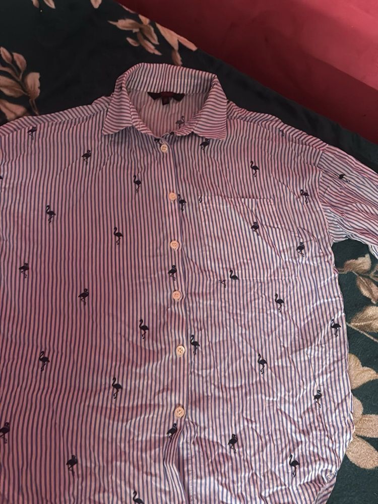 Flamingo Print Striped Shirt