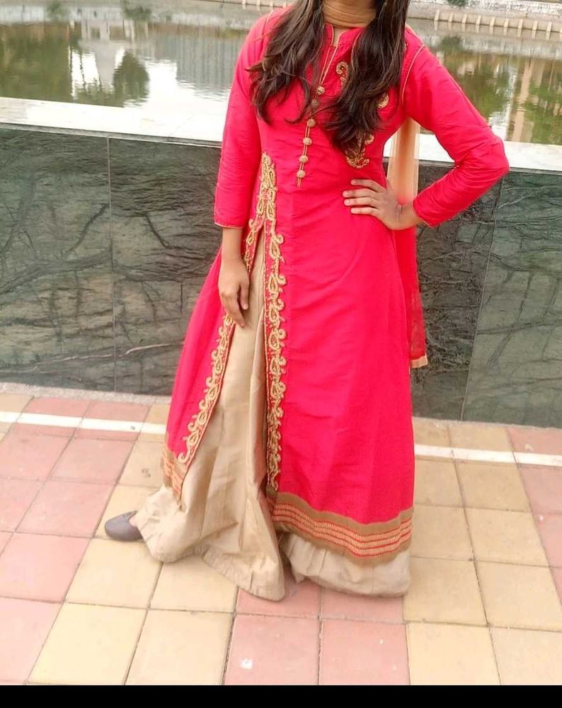 Red Kurta With Golden Skirt