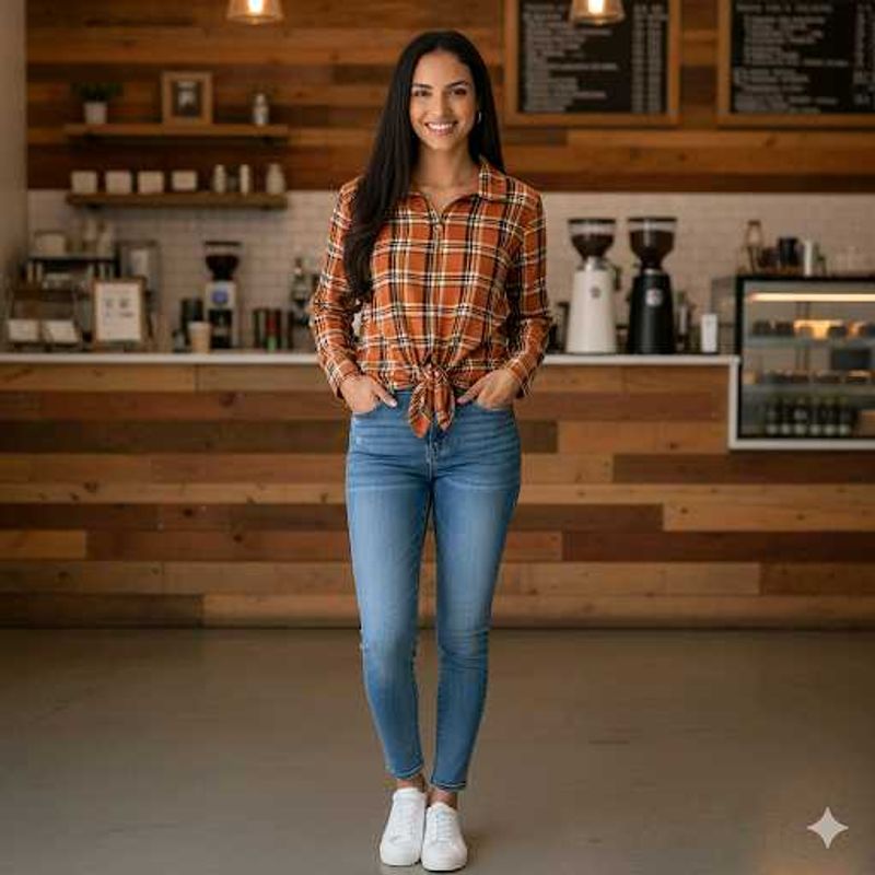 Orange Checkered Tie-Knot Shirt for Women