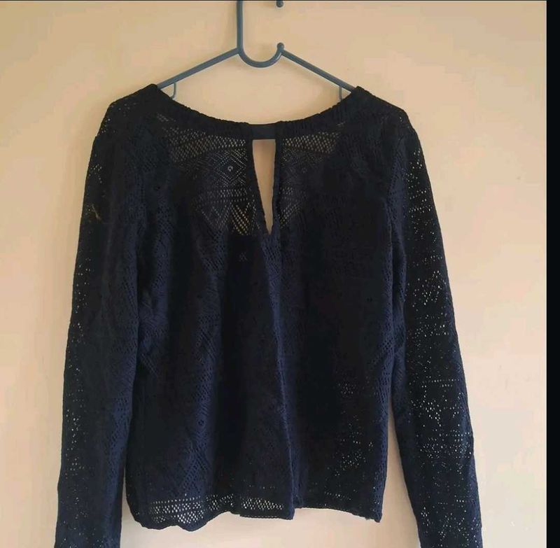 Navy Blue Lace Long Sleeve Top