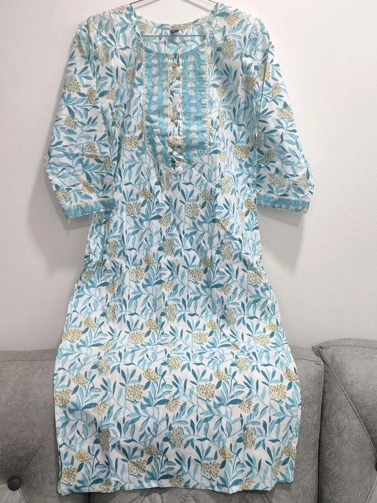 Floral Cyan Cotton Kurti