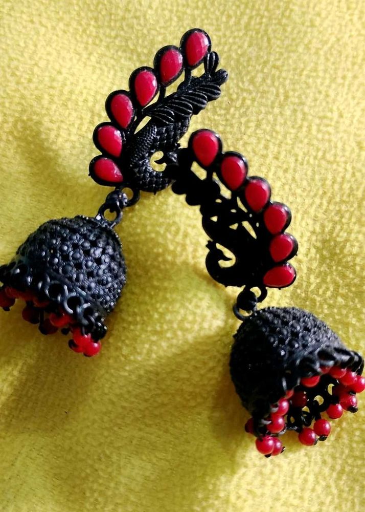 Black Oxidized Peacock Jhumka Earrings with Red