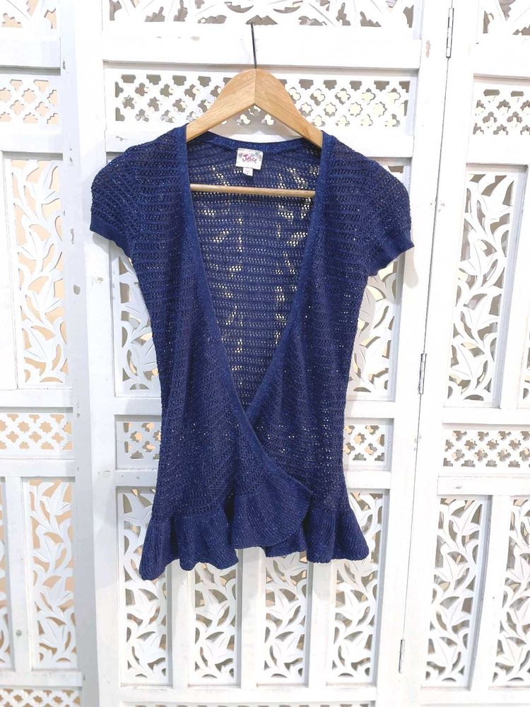 Navy Blue Knit Top With Ruffle Hem B