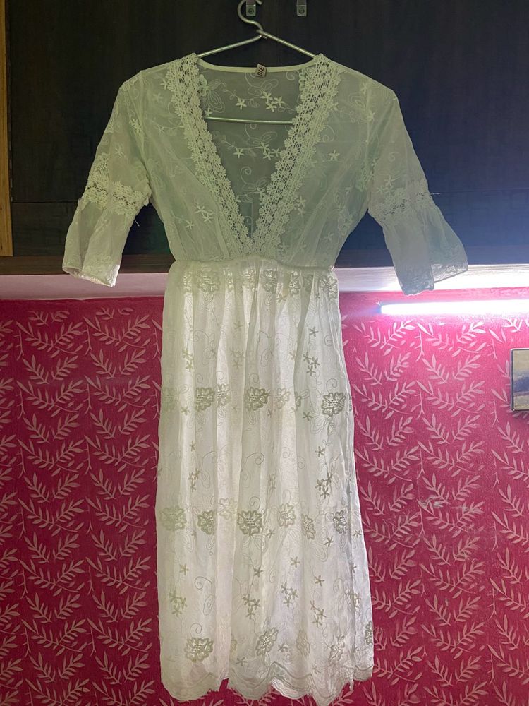 Chiffon Fully Sheer One Piece White Dress