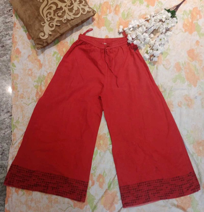 Rust Red Cotton Palazzo Pants, Size - S