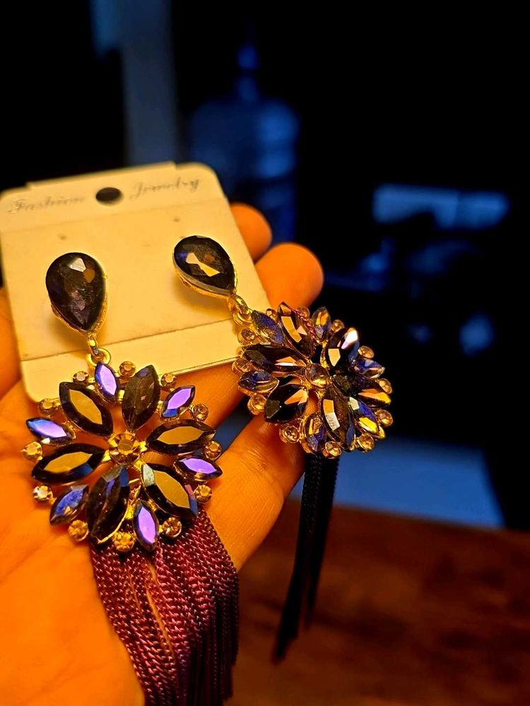 Sparkling Flower Tassel Drop Earrings
