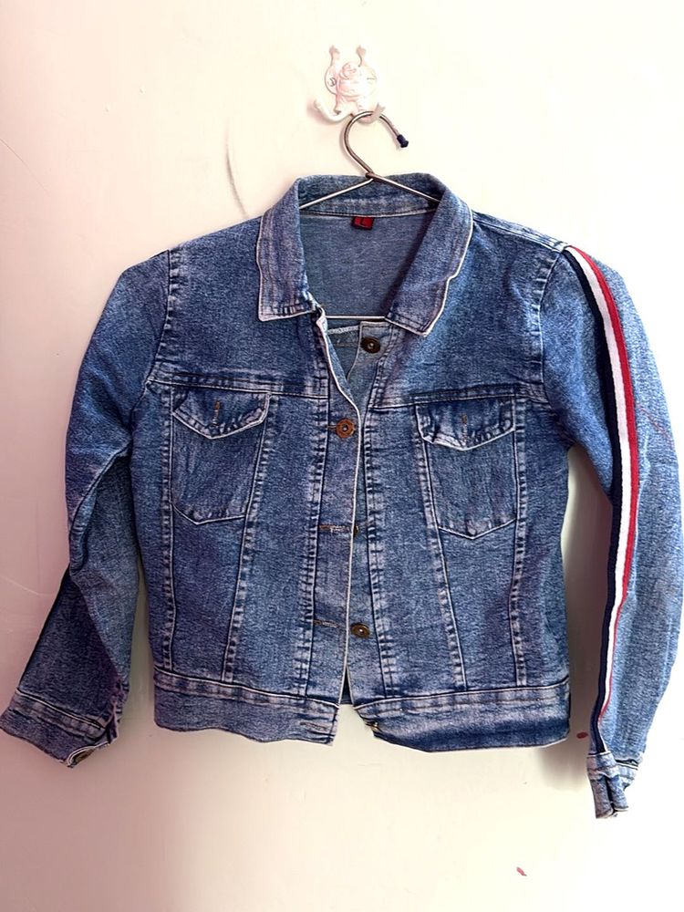 Denim Jacket with Striped Sleeves