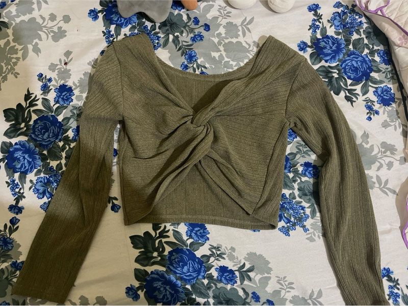 Olive Green Knotted Crop Top