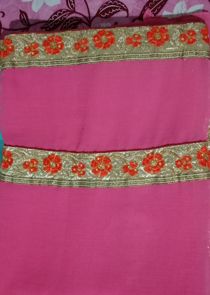 Pink &amp; Sky Blue Colour Saree With Golden Floral Border