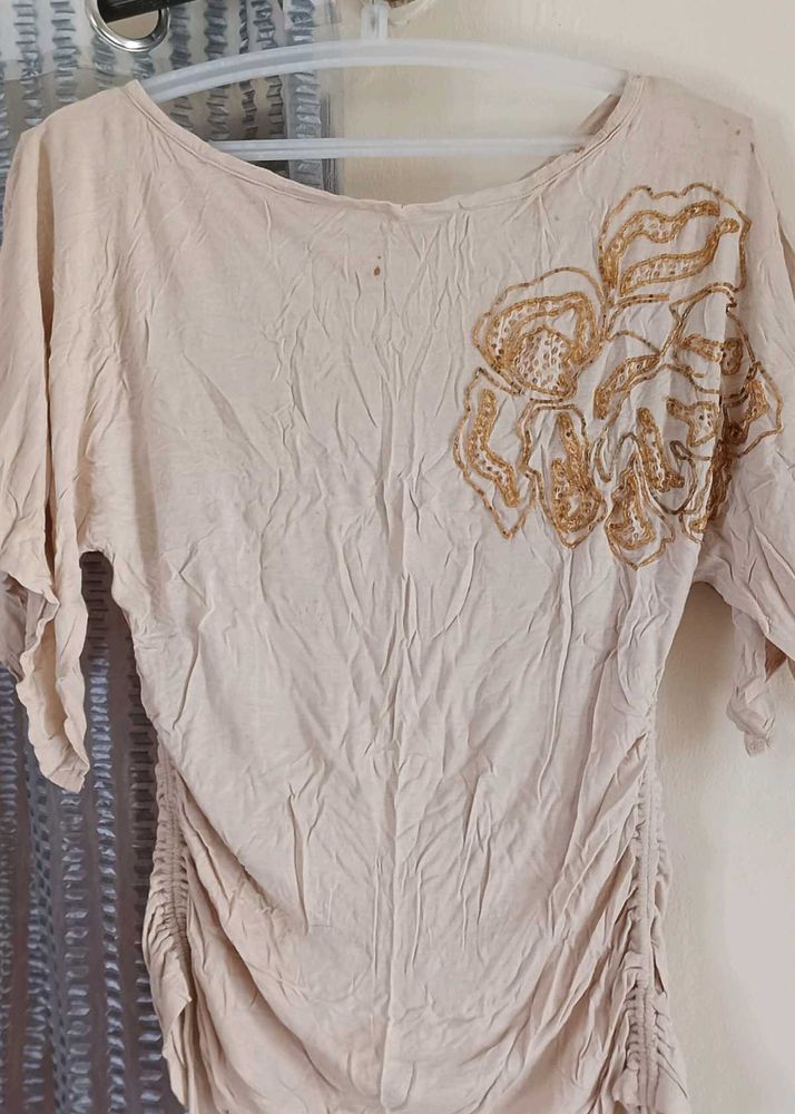 Beige Top with Floral Detail