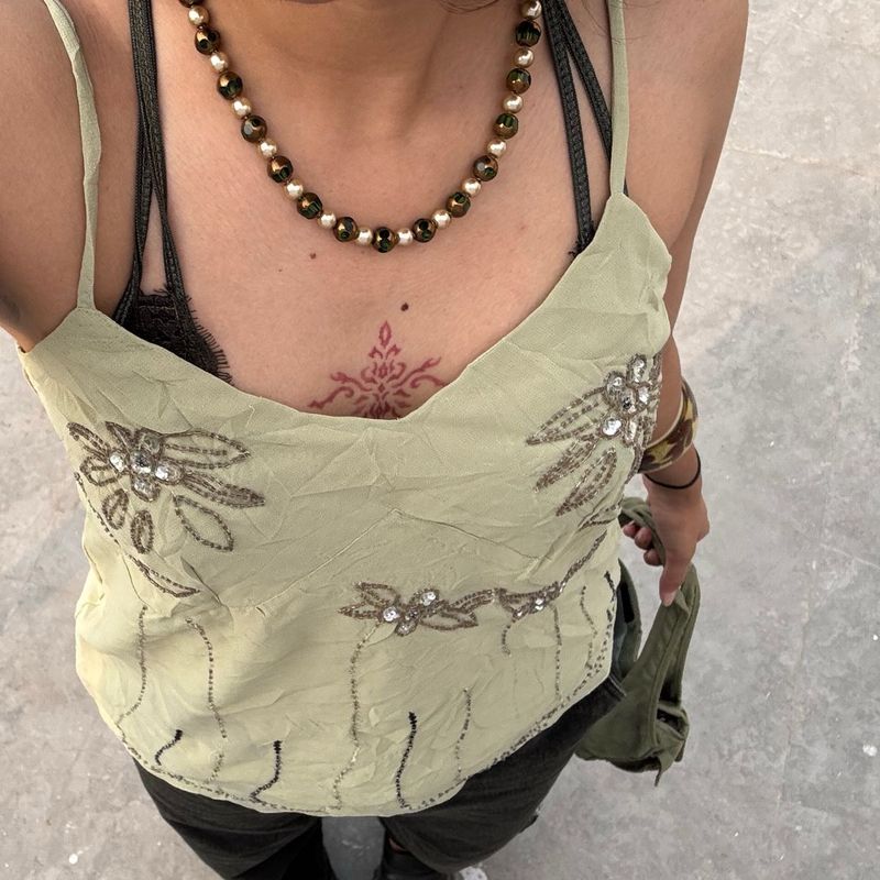 Embellished Green Tank Top