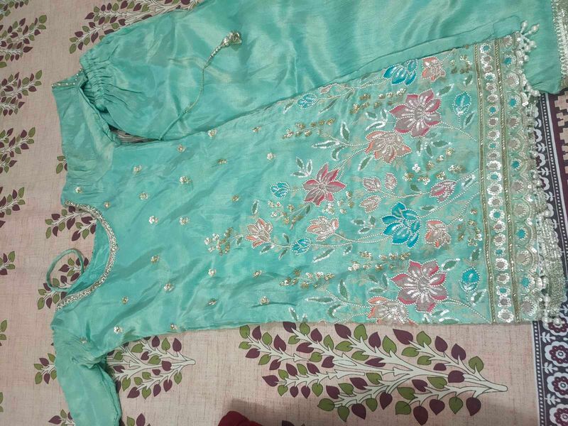 Sea Green Embroidered Plazo Suit