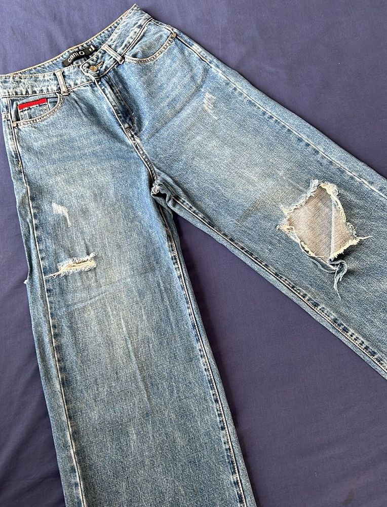 Distressed Wide Leg Denim Jeans
