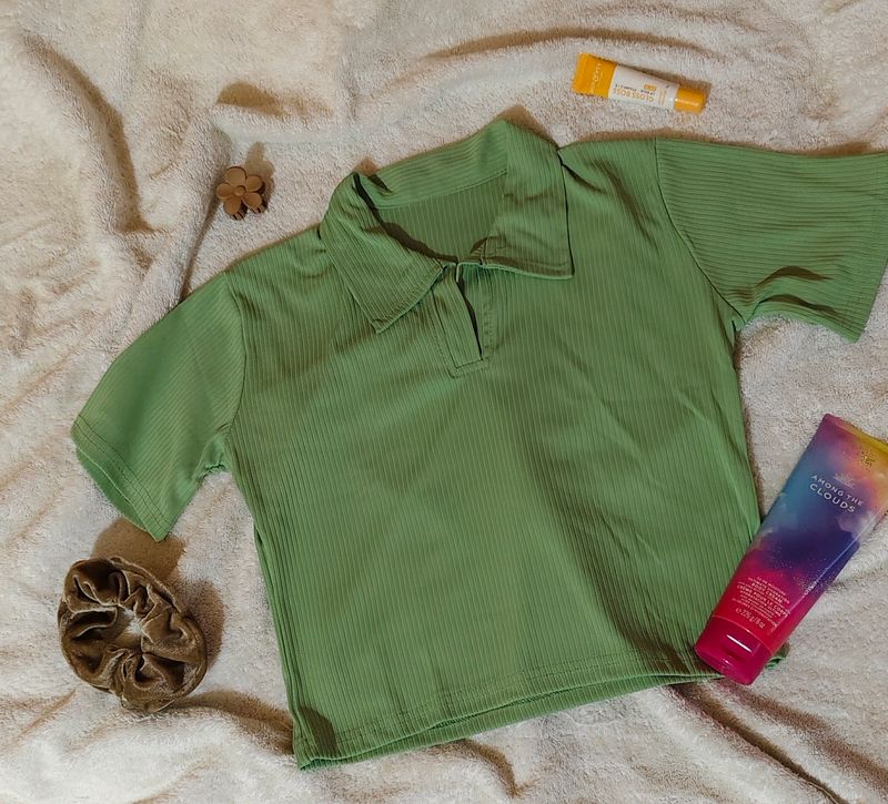 Fennel Green Polo Neck Ribbed Crop Tshirt