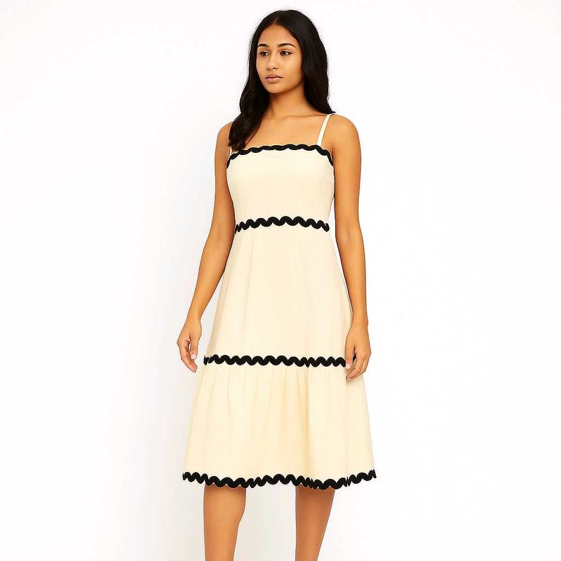 Cream Midi Dress with Black Scallop Trim