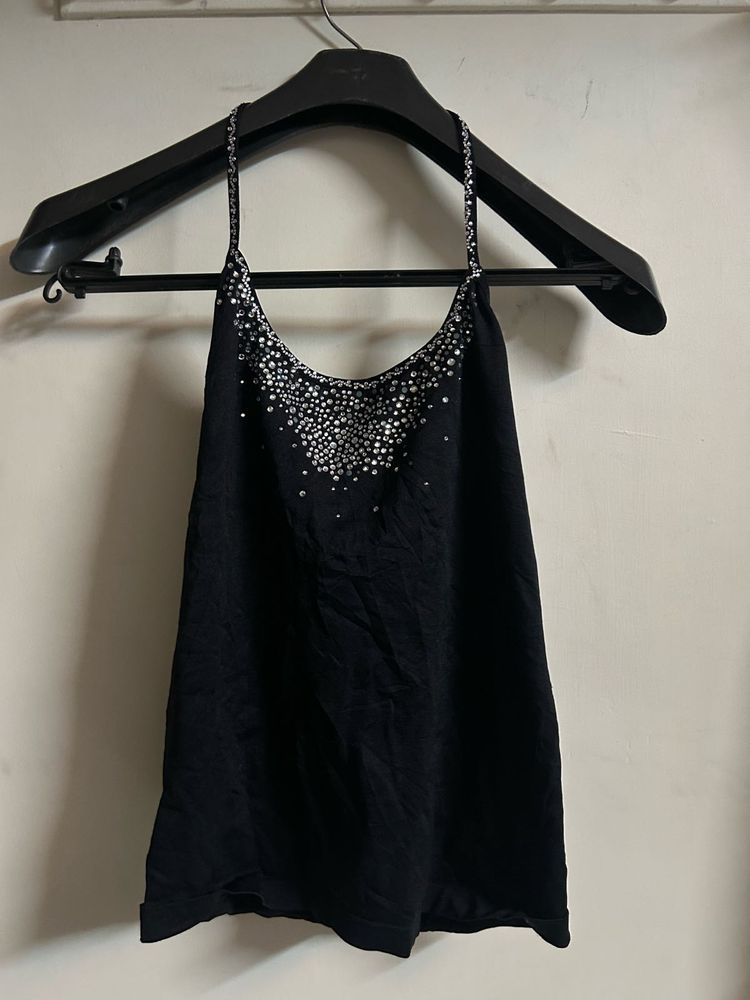 Elegant Black Embellished Tank Top