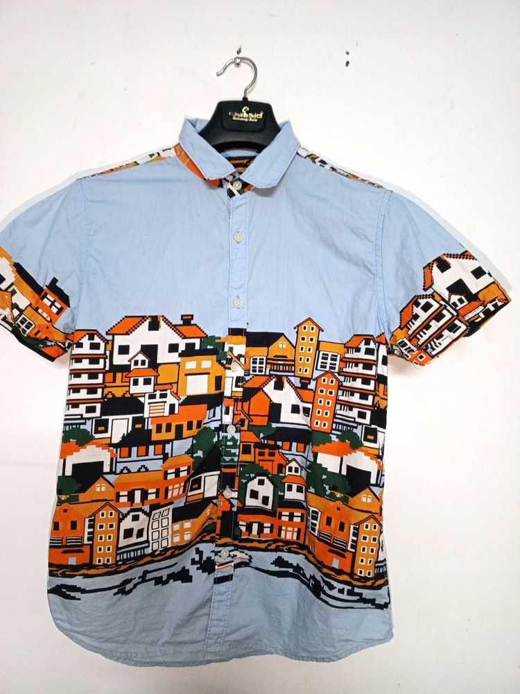 Men Blue Silm Fit Opaque Printed Casual Shirt