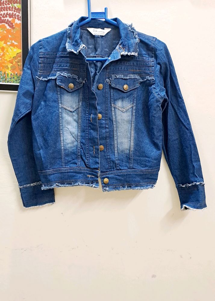 Blue Embroidered Denim Jacket With Two Front Pocket
