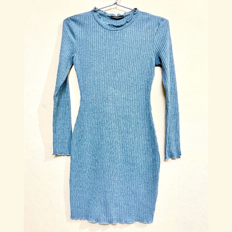 Blue Ribbed Knit Mini Dress