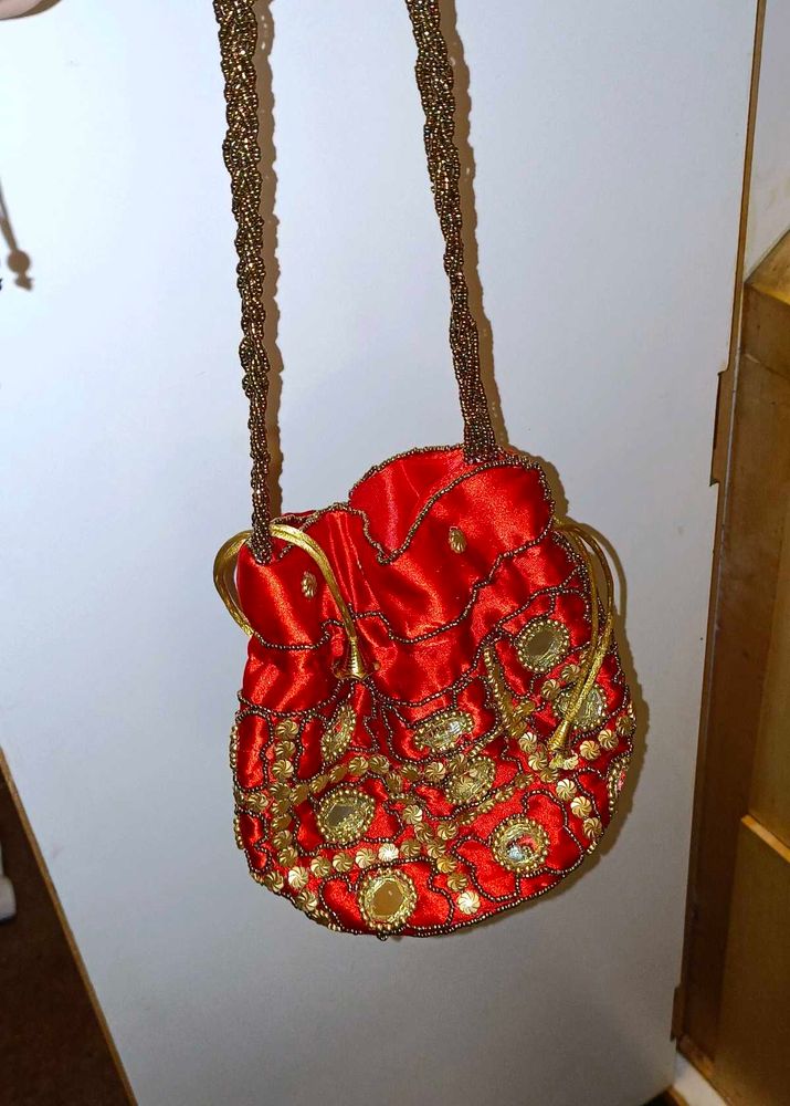 Red &amp; Gold Beaded Evening Bag potli