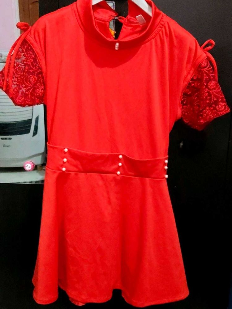 Red Dress with Lace Sleeves