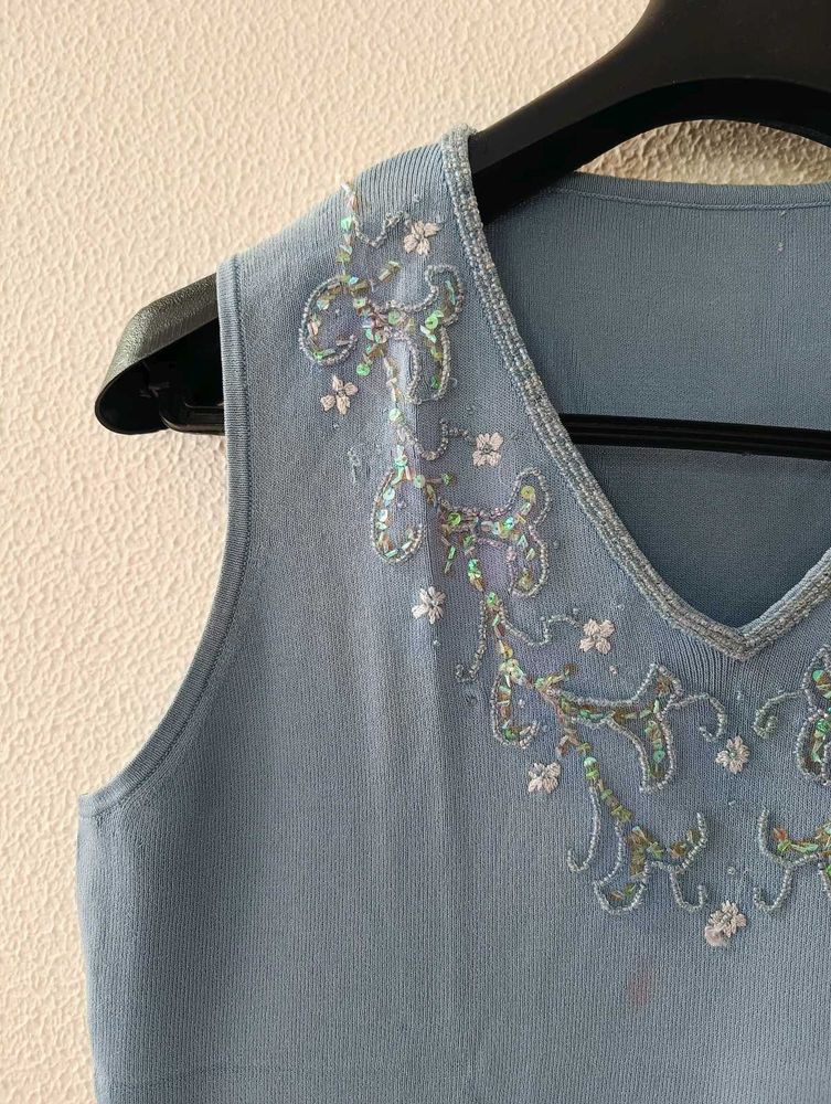 Blue Beaded Sleeveless Top