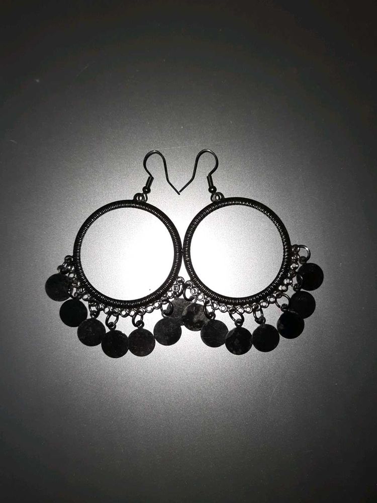 Black Coin Drop Hoop Earrings