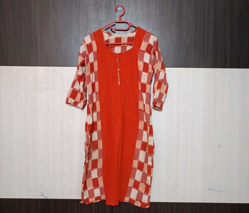 Vintage Orange Checkered Dress Kurti Size L