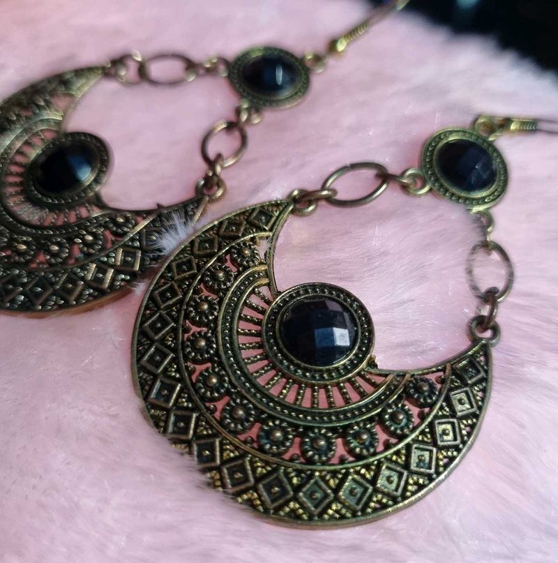 Antique Oxidised Crescent Earrings with Black Ston